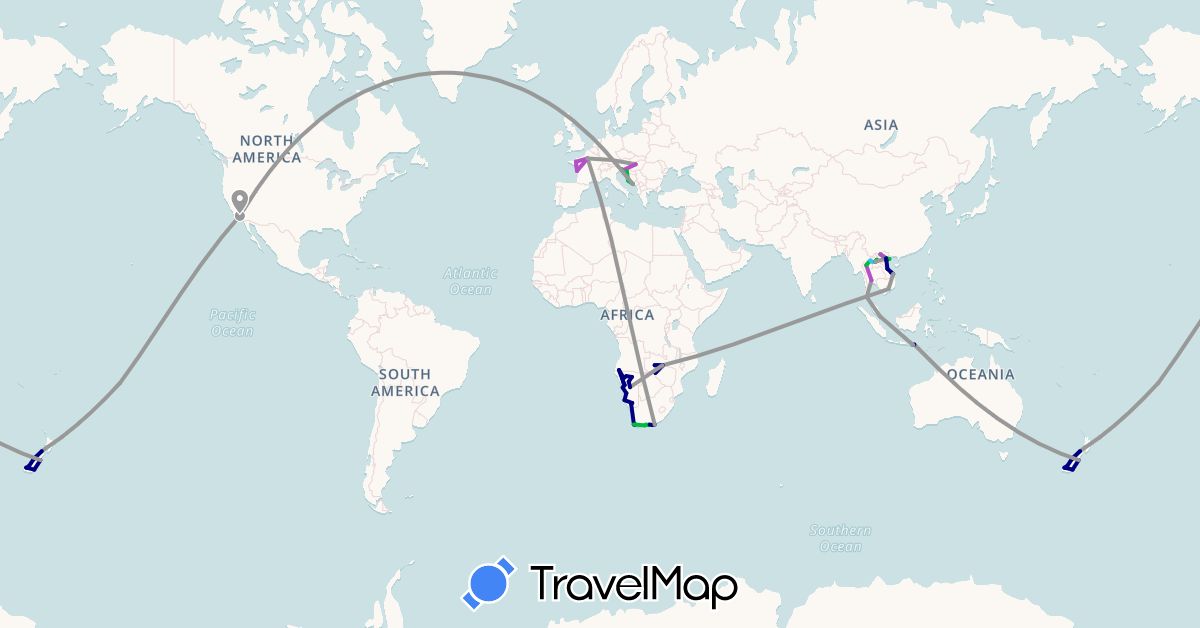 TravelMap itinerary: driving, bus, plane, train, boat in Cook Islands, Germany, France, Croatia, Hungary, Indonesia, Laos, Namibia, New Zealand, Singapore, Slovenia, Thailand, United States, Vietnam, South Africa, Zambia (Africa, Asia, Europe, North America, Oceania)